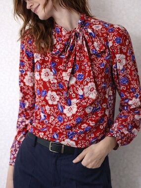 Stella Jean Italy Red Floral Tie Neck Blouse IT 40 Small Romantic Parisian